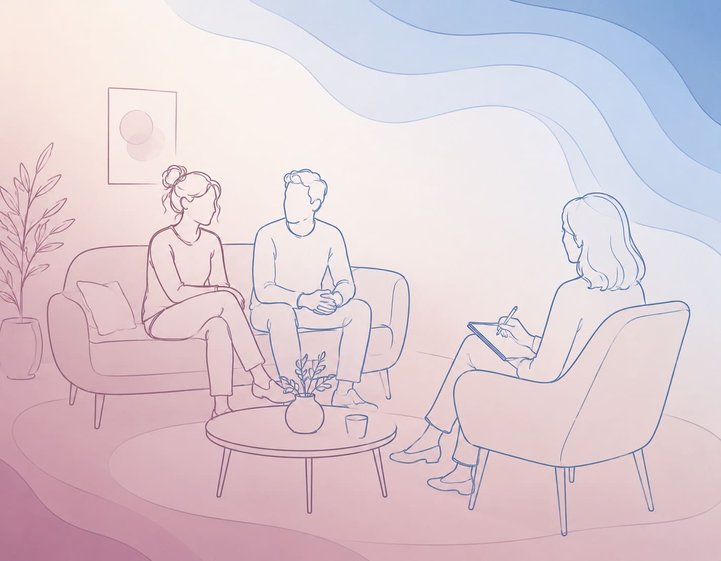 Paartherapie-Session, Paar auf der Couch, Therapeutin mit Notizblock